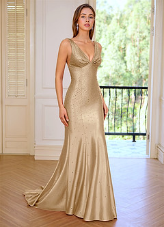 Marina Champagne Wrinkle Deep V-neck Mermaid Prom Dress image6
