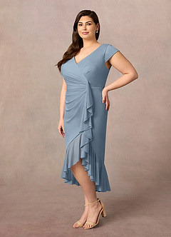 Azazie Renetta Mother of the Bride Dresses Dusty Blue Sheath V-Neck Pleated Mesh Dress image9