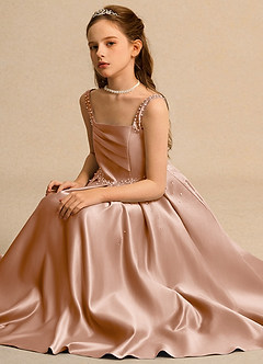 Azazie Mochi Girl vestidos de niña de las flores Vestido de Champán Rosado de Satin Mate de Princesa con Plisado image3