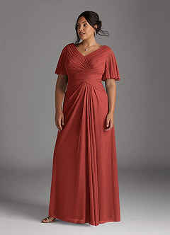 Azazie Emmeline Mother of the Bride Dresses Terracotta A-Line V-Neck Pleated Mesh Dress image6