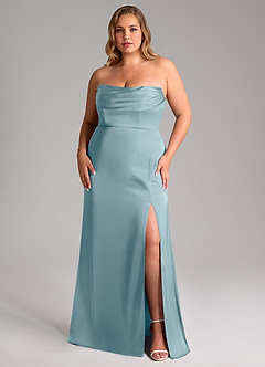 Azazie Saige Vestidos de damas de honor Vestido de Azul Malhumorado de Satén Elástico de Corte Recto con Vestidos sin tirantes image16