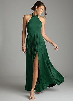 Azazie Zienna 신부 들러리 드레스 A라인 주름진 스트레치 새틴 바닥 길이 드레스 image3