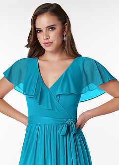 Azazie Jael Final Sale Jade A-Line V-Neck Mesh Dress image5
