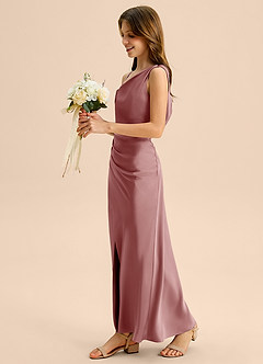 Azazie Madelyn Junior Abito Tubino in Raso Elasticizzato a Spalla Scoperta Rosa Polverosa image3