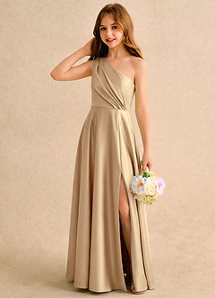 Azazie Puddles Girls Formal Robe Demoiselle D'honneur Fillette Robe Trapèze en Satin extensible Une épaule Champagne image3