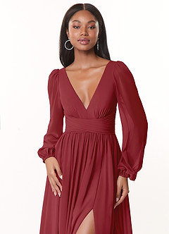 Azazie Norah Bridesmaid Dresses Pomegranate A-Line V-Neck Long Sleeve Chiffon Dress image5
