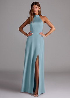 Azazie Myra Robes de demoiselle d'honneur Robe Trapèze en Satin extensible Fente Latérale Bleu Maussade image3
