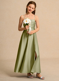 Azazie Pebbles Girls Formal Flower Girl Dresses Moss Green A-Line Pleated Matte Satin Dress image6
