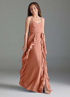 Azazie Peyton Junior A-Linie Kaskadierende Rüschen mit V-Ausschnitt Chiffon Kleid Mai Tai image3