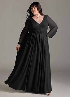 Azazie Norah Bridesmaid Dresses Black A-Line V-Neck Long Sleeve Chiffon Dress image8