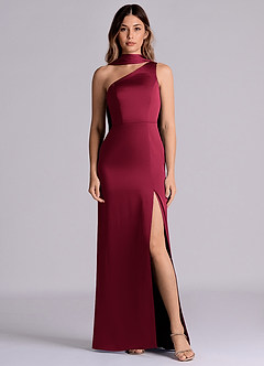 Azazie Phaedra Bridesmaid Dresses Burgundy A-Line One Shoulder Stretch Satin Dress image1