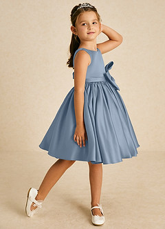 Azazie Apple Flower Girl Dresses Dusty Blue A-Line Bow Matte Satin Dress image3