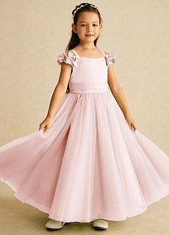 Azazie Jujube vestidos de niña de las flores Vestido de Rosa Rubor de Tul de Corte En A con Perla image2