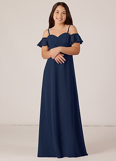 Azazie Juna Junior Dark Navy A-Line Off the Shoulder Chiffon Dress image4