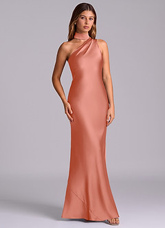 Azazie Seona Vestidos de madrinha de casamento Vestido Rosa Salmão de Cetim elástico de sereia com Ombro Único image4