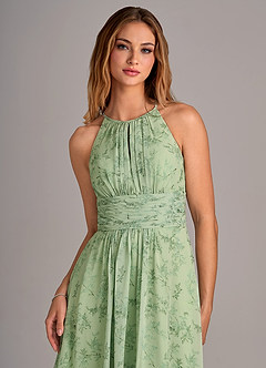 Azazie Bonnie Vestidos de damas de honor Vestido de Floral Helecho Verde de Gasa de Corte en A con Cuello de pico fruncido image6