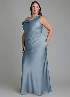 Azazie Emerson Vestidos de damas de honor Vestido Azul Polvoriento de Satén Elástico de Corte Sirena con Hombros descubiertos image11
