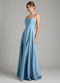 Azazie Shaude Bridesmaid Dresses Steel Blue A-Line Pleated Stretch Satin Dress image11