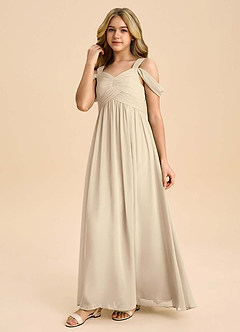 Azazie Lianne Junior Champagne A-Line Off the Shoulder Chiffon Dress image6