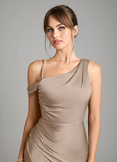 Azazie Madelyn Bridesmaid Dresses Taupe Mermaid One Shoulder Stretch Satin Convertible Dress image3