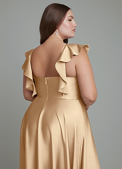 Azazie Leilani Bridesmaid Dresses Champagne A-Line Ruched Stretch Satin Dress image7