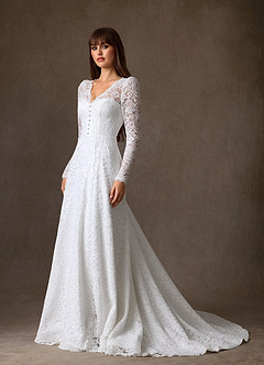 Azazie Kimani Wedding Dresses Diamond White A-Line Lace Dress image1