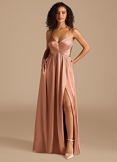 Azazie Alia Vestidos de madrinha de casamento Vestir Bronzeador de Cetim Metálico de Linha A com Plissado image1
