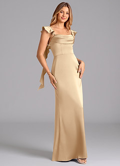 Azazie Adi Bridesmaid Dresses Champagne A-Line Pleated Stretch Satin Dress image3