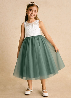 Azazie Lina Flower Girl Dresses Ivory Eucalyptus Ball-Gown Lace Dress image2