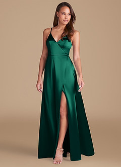 Azazie Maksim Bridesmaid Dresses Emerald A-Line Metallic Satin Dress image4