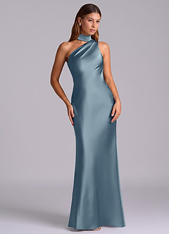Azazie Seona Robes de demoiselle d'honneur Robe Sirène en Satin extensible Une épaule Bleu Poussiéreux image7
