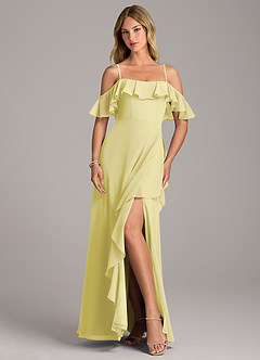 Azazie Aubrie Bridesmaid Dresses Lemon Sorbet A-Line Off the Shoulder Chiffon Dress image4