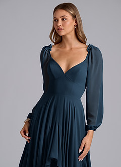 Azazie Karan Abiti da Damigella Abito A-Line in Chiffon Maniche Lunghe Marino Scuro image6