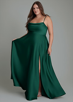 Azazie Elle Bridesmaid Dresses Emerald A-Line Pleated Stretch Satin Dress image8
