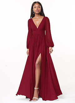 Azazie Norah Bridesmaid Dresses Burgundy A-Line V-Neck Long Sleeve Chiffon Dress image1