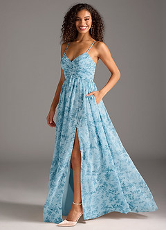 Azazie Alia Jurken voor bruidsmeisjes Jurk van Chiffon met A-Lijn Geplooid Blauwe Varen Bloemen image4