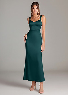 Azazie Denice 신부 들러리 드레스 쉬스 주름진 스트레치 새틴 발목 길이 드레스 image3