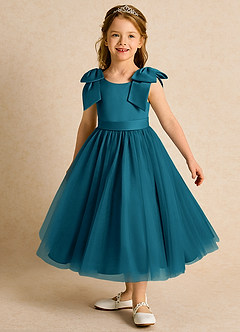 Azazie Serene Flower Girl Dresses Ink Blue Ball-Gown Bow Matte Satin Dress image1