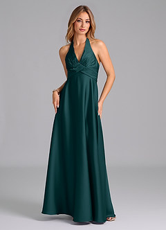Azazie Tessie Bridesmaid Dresses Pine A-Line Pleated Stretch Satin Dress image6