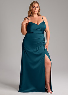 Azazie Azuree Bridesmaid Dresses Ink Blue A-Line Pleated Stretch Satin Dress image13