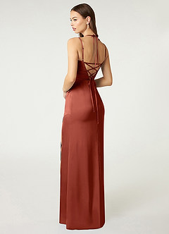 Azazie Desi Bridesmaid Dresses Terracotta Sheath Halter Corset Stretch Satin Dress image5