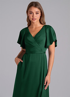 Azazie Ambrosia Vestidos de damas de honor Vestido de Verde Oscuro de Satén Elástico de Corte en A con Plisado image2