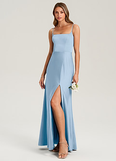 Azazie Lidia Bridesmaid Dresses Powder Blue Mermaid Side Slit Stretch Satin Dress image9