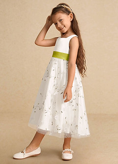 Azazie Pollie Flower Girl Dresses Ivory Lemongrass A-Line Bow Tulle Dress image8