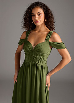 Azazie Lianne Bridesmaid Dresses Olive A-Line Off the Shoulder Stretch Satin Dress image3