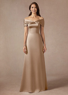 Azazie Amelia Mère de la mariée Robes Robe Trapèze en Satin extensible Épaule décolletée Taupe image3