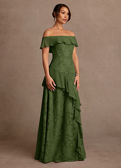 Azazie Marina Mother of the Bride Dresses Olive A-Line Off the Shoulder Floral Burnout Dress image3
