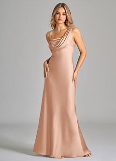 Azazie Celina Bridesmaid Dresses Rose Gold Sheath Off the Shoulder Stretch Satin Dress image3