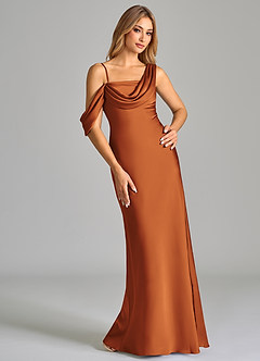 Azazie Celina Bridesmaid Dresses Cinnamon Sheath Off the Shoulder Stretch Satin Dress image1