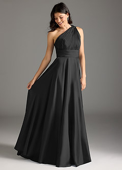 Azazie Charlize Bridesmaid Dresses Black A-Line One Shoulder Stretch Satin Dress image10